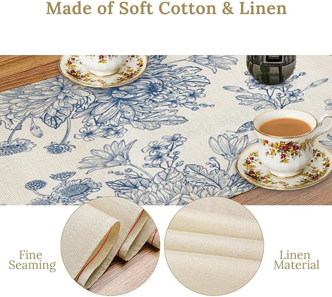 Chinoiserie Flower Table Runner, Seasonal Spring Fall Plants Blue Florals Dinner Runner for Home Kitchen Dining Table Party Holiday Decoration 13"x60"