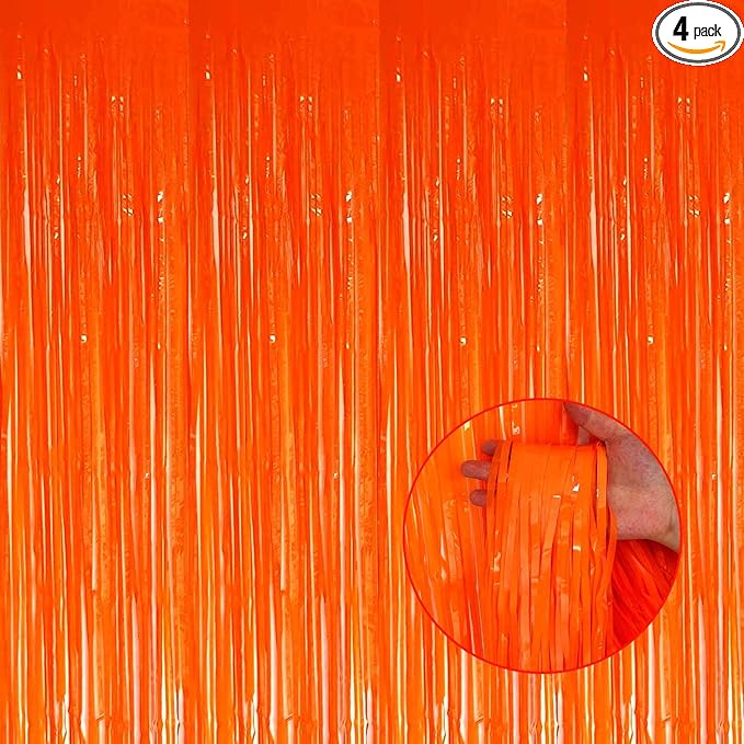 4 Pack Macaron Orange Foil Fringe Curtain Backdrop, 3.28Ft x 8.2Ft Metallic Tinsel Streamer Curtains, Birthday, Wedding, New Year’s, Christmas Decorations Party Supplies, One Size