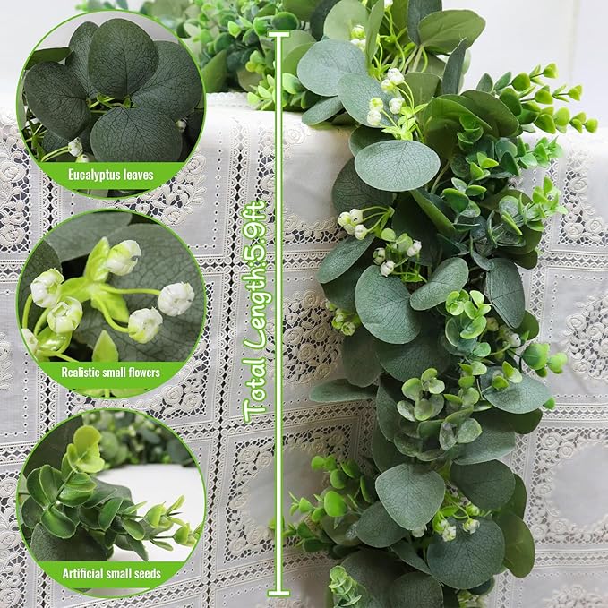 MAKHOT 2pcs Artificial Eucalyptus Garland, 5.9FT Greenery Garland Flower Spring Summer Green Garlands Vines Decoration, Fake Silver Dollar Eucalyptus Leaves Vines for Table Home Wedding Party Decor