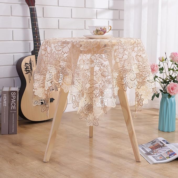 Round Embroidered Lace Tablecloth Vintage Decorative Exquisite Border Table Cover for Party Wedding Home Decorations, Round-35, Beige