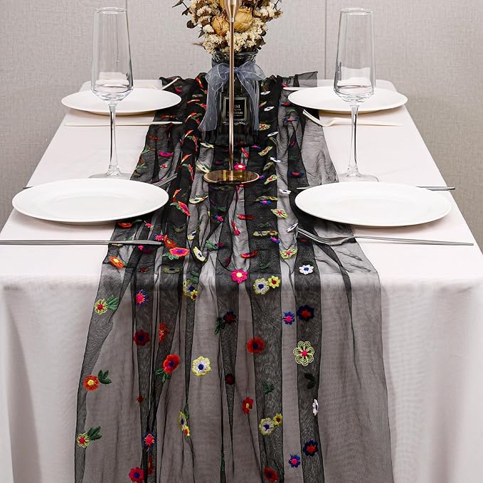 BINBE 3pcs Black Daisy Fall Table Runner Embroidery Gauze 10FT Florals Seasonal Tulle Holiday Birthday Kitchen Dining Table Decor for Home Party