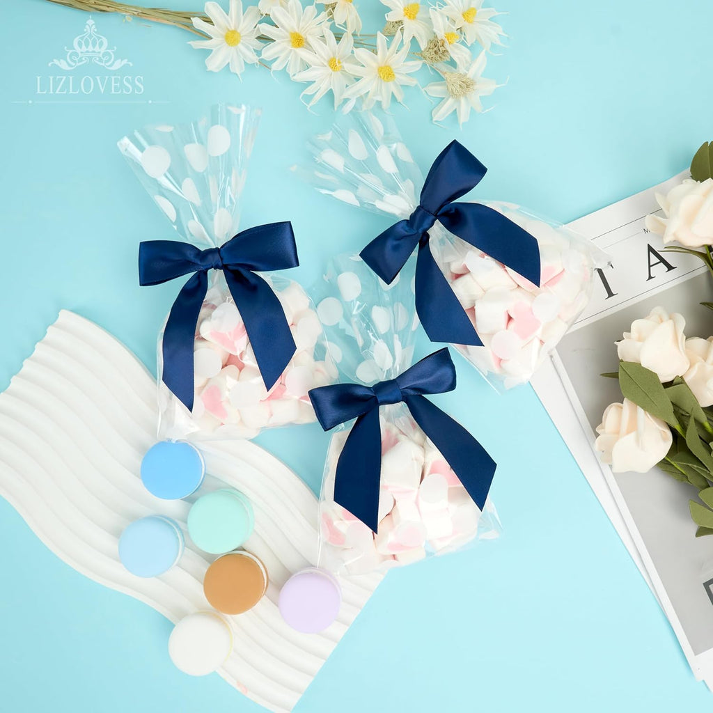 Blue Twist Tie Bows for Treat Bags 3.5" Pre-Tied Blue Bows Navy Satin Ribbon Bows for Gift Wrapping Premade Bows for Crafts, Party Favors, Wedding, Baby Shower Decorations (50 Pack)