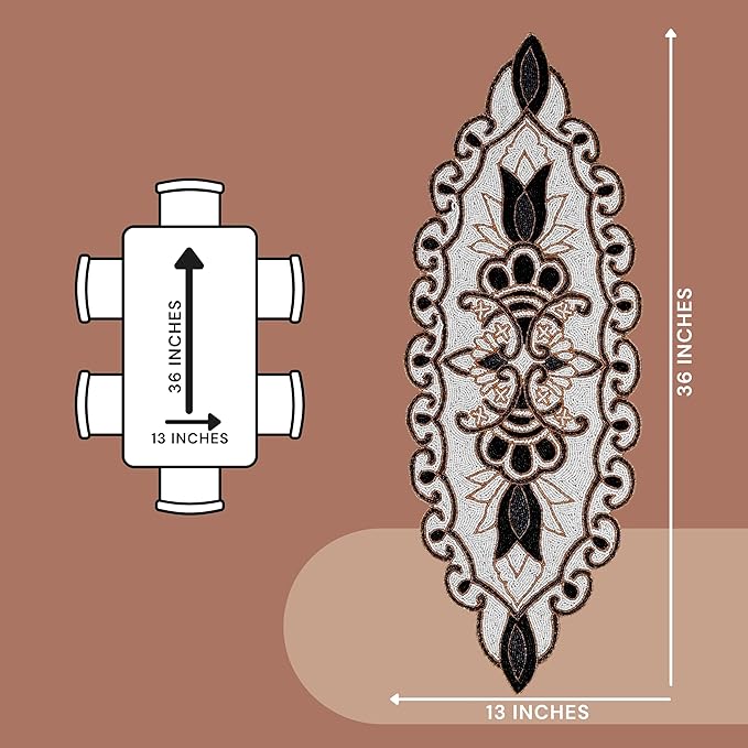 36" Decorative Beaded Table Runner - Handcrafted Floral Design with Durable Polyester Backing for Dining, Coffee Table & Special Occasions (Black White Brown) - CLEENTABLE