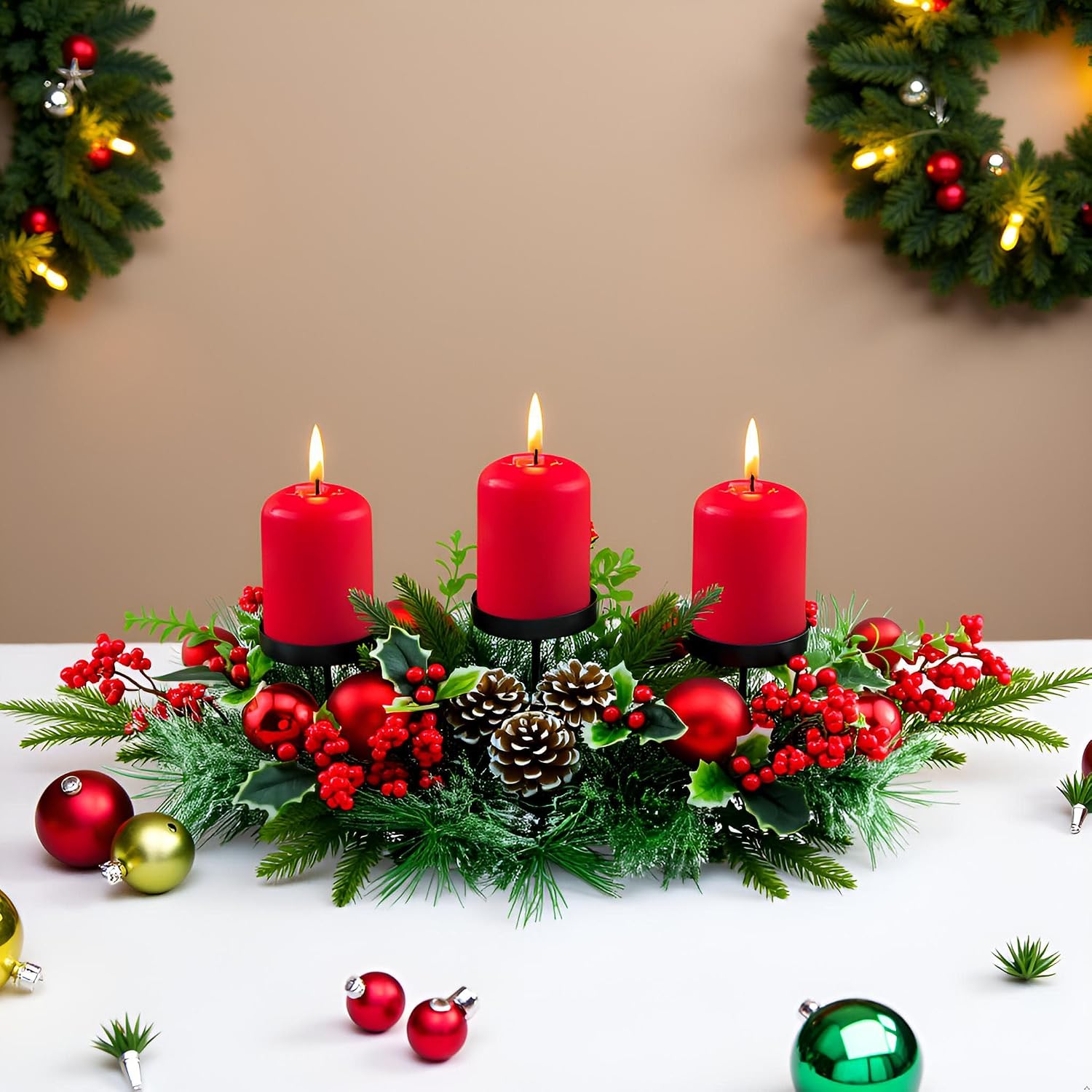 YULETIME 28" Christmas Triple Candelabrum, Red Baubles, Berries, Pine Cones | Three Trays Holder, Tray diameter 3.15-in, Candles Not Included, Holiday Centerpiece, Red Theme