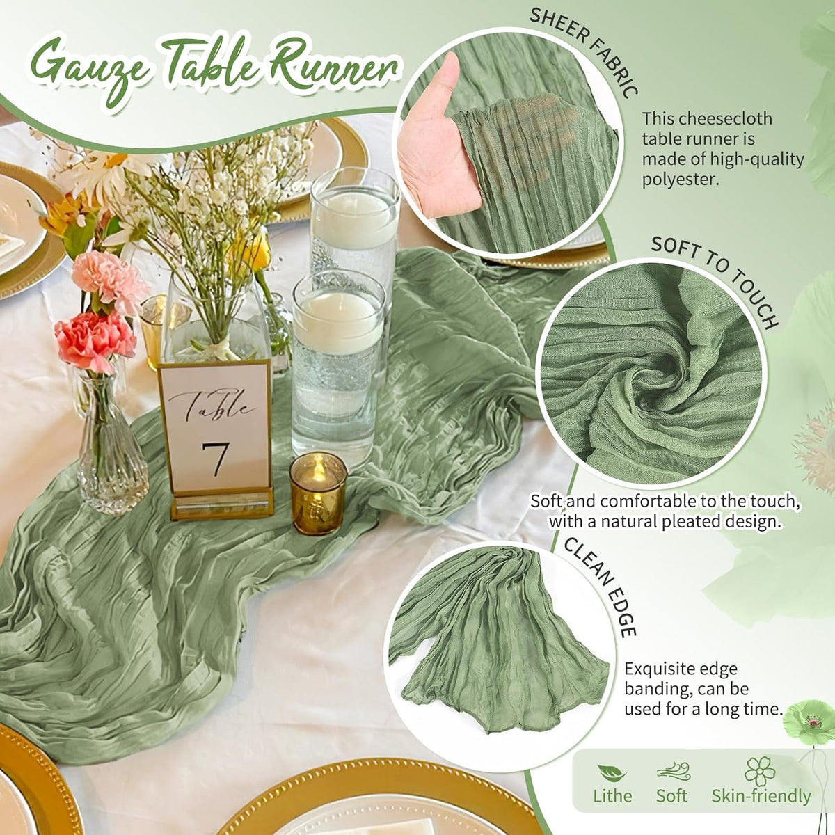 30 Pack Sage Green Cheesecloth Table Runner 17x108 Inches Boho Home Decor