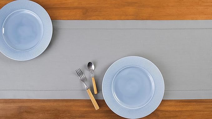 Solino Home Cotton Linen Light Grey Table Runner 120 Inches Long - Hemstitch 14 x 120 Inch Table Runner for Fall, Autumn, Thanksgiving, Christmas, Holiday