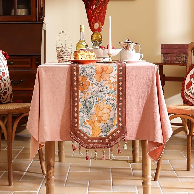 Designer Vintage Orange Floral Small Table Runner,French Farmhouse Soft Linen Coffee Table Runners 63 Inches Long,Decor Tabletop for Kitchen,Dining,Party,Home,Christmas,12"*63"