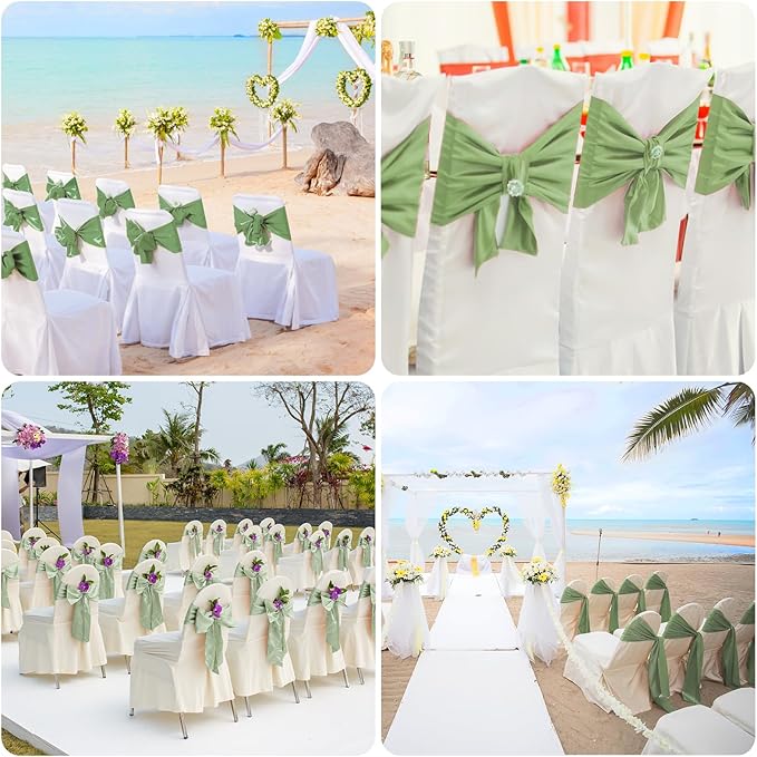 50 PCS Sage Green Satin Chair Sashes Bows Universal Chair Ribbon Ties Back Sash for Wedding Party Reception Events Banquets Hotel Event Chair Cover Decoration (7x108 inch)