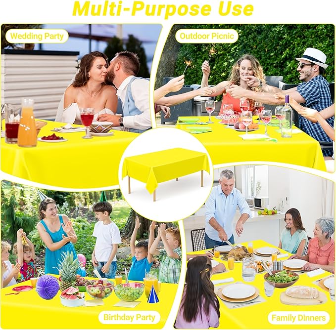 QZYL 12 PCS Yellow Rectangle Tablecloth, Disposable Plastic Picnic Table Cover, 54 X 108 in Lightweight Table Cloth Rectangle for Birthday Parties Weddings Picnics and Outdoor Gatherings