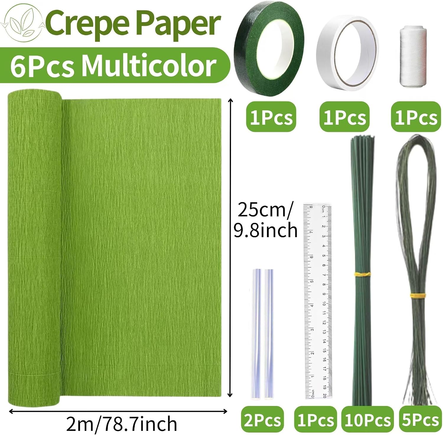 Crepe Paper Set of 6 Colourful, 6 Rolls 25 x 200 cm Crepe Paper Gradient Green with 15 Floral Wire, Florist Tape, Double-Sided Tape, Ruler, Sewing Thread, Crepe Paper Flowers Crafts (Green Series)