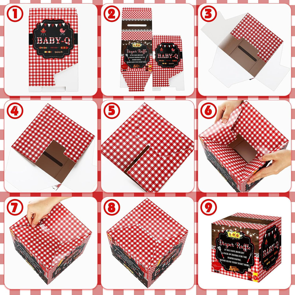 Teling 51 Pieces Diaper Raffle Tickets with Card Box Baby Shower Decorations Gender Reveal Holder Box for Girl Boy Diaper Raffle Party (BBQ Style)