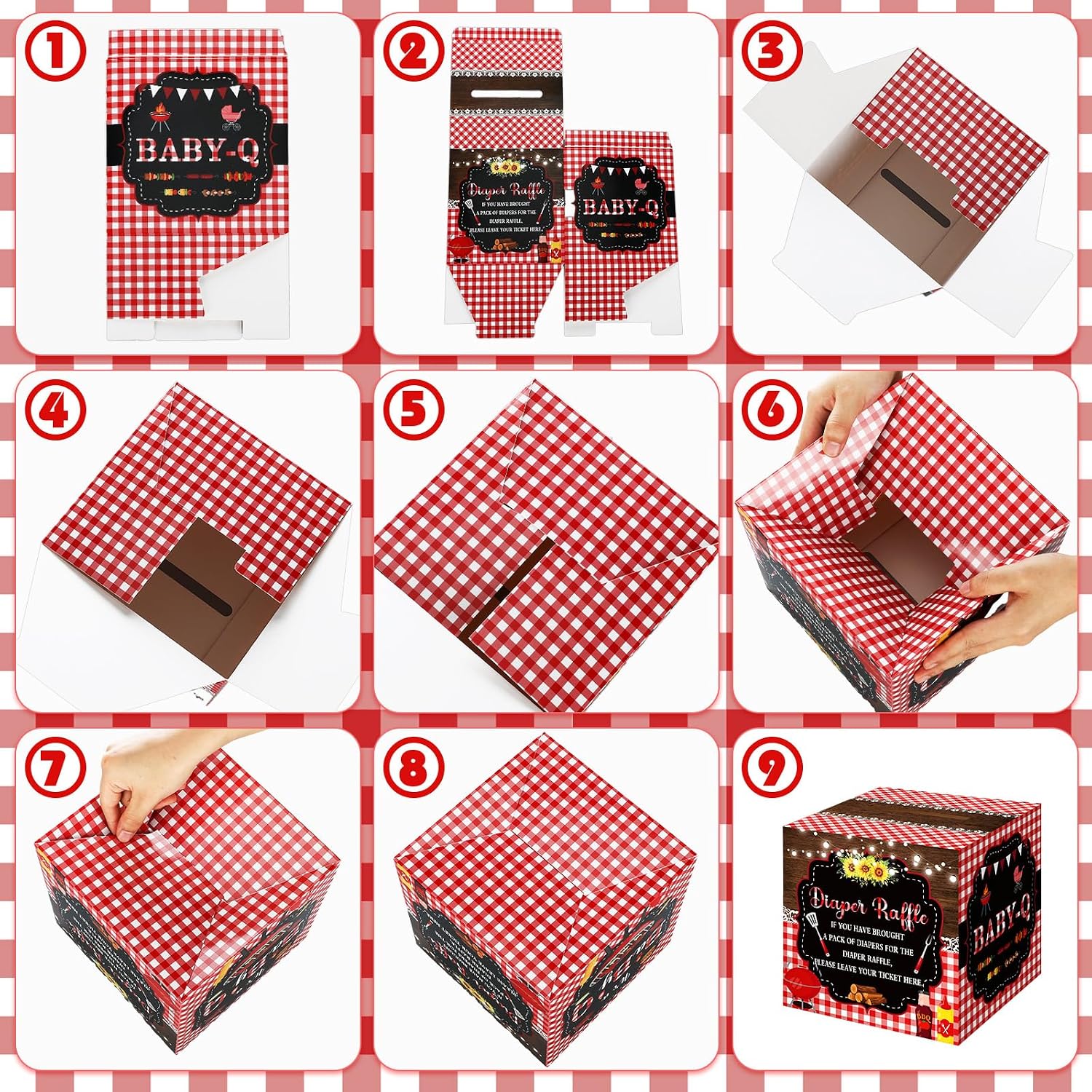 Teling 51 Pieces Diaper Raffle Tickets with Card Box Baby Shower Decorations Gender Reveal Holder Box for Girl Boy Diaper Raffle Party (BBQ Style)