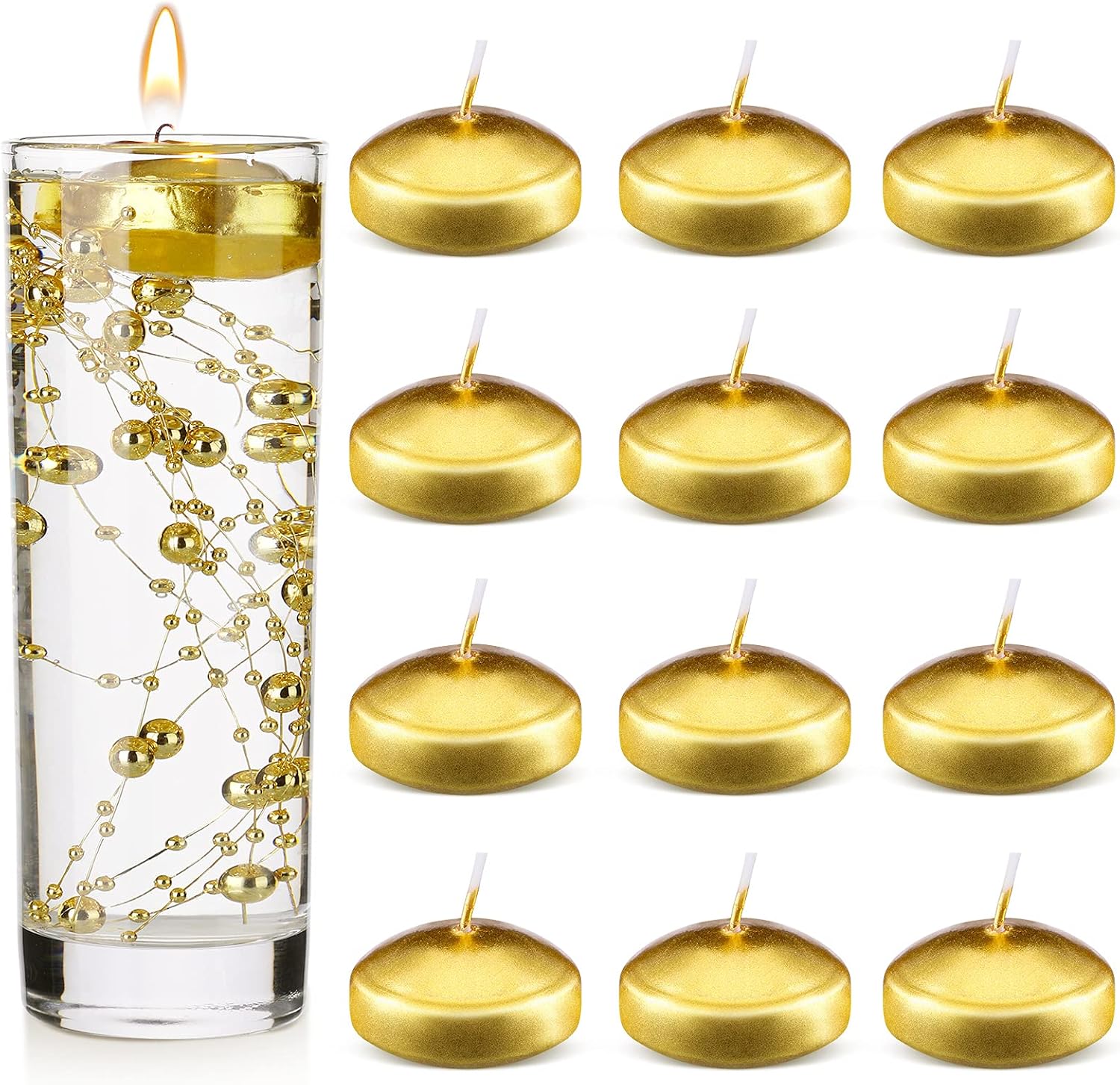 Nuanchu 12 Pack 1.65 Inch Floating Candles or Centerpiece Unscented Wax Burning Water Floating Candle Set for Cylinder Vase Wedding Party Gifts Pool Home Decor(Gold)