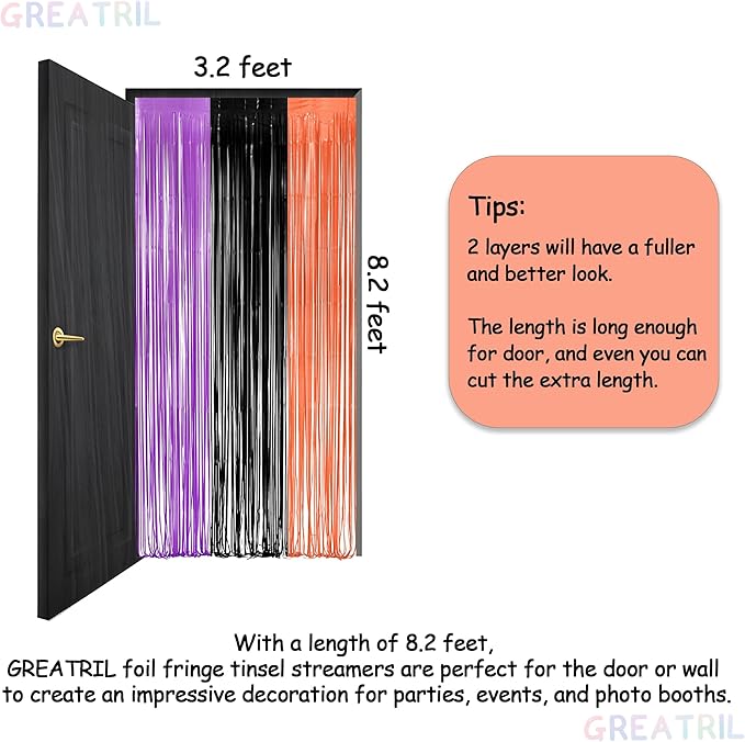 Black Purple Orange Party Streamers - GREATRIL Foil Fringe Backdrop for Hocu Birthdays Halloween Party Supplies - 3.2ft X 8.2ft - 2 Packs