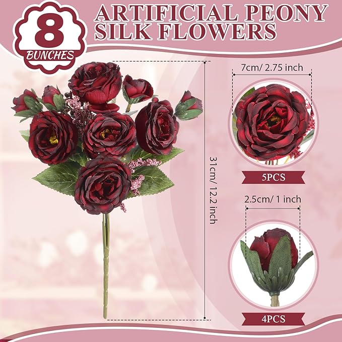 8 Bundles Artificial Peonies Flowers Boho Faux Flowers Arrangements Artificial Centerpiece Spring Bouquet Floral Wedding Decoration for Vase(Burgundy)