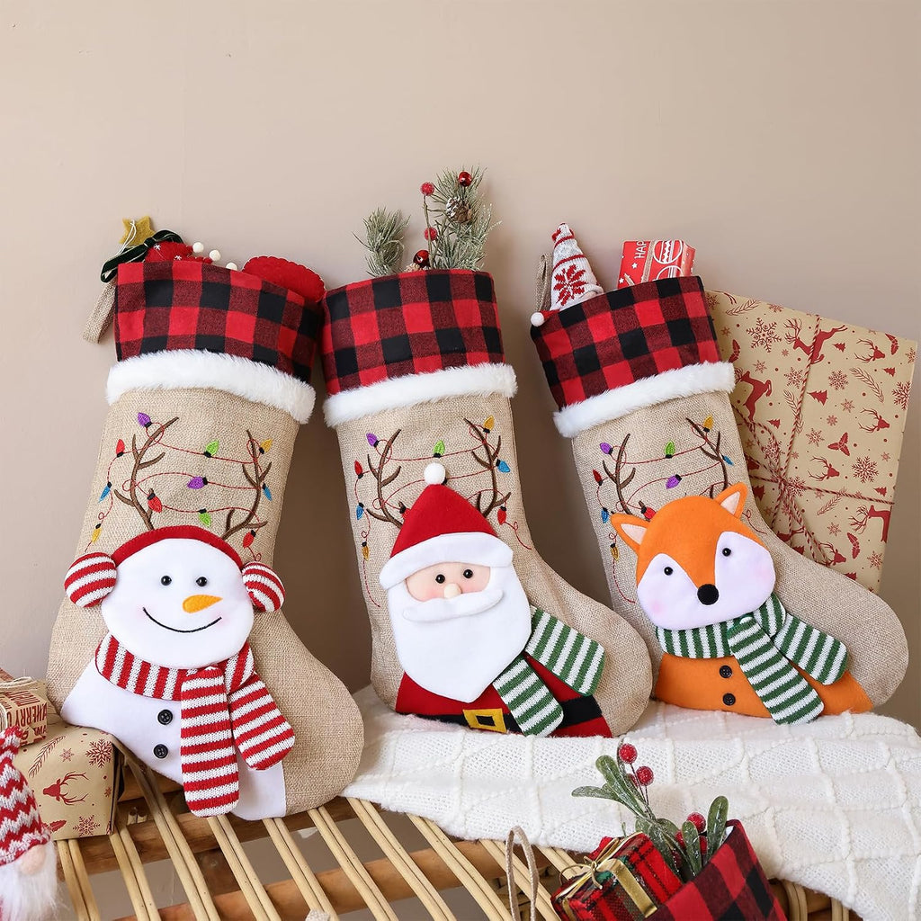 ELEGANTPARK Burlap Christmas Stocking 4 Pack, Buffalo Plaid Cuff 20 Inch | Large Xmas stockings with 3D Santa reindeer snowman bear for family kids, fireplace mantel hanging Christmas decor