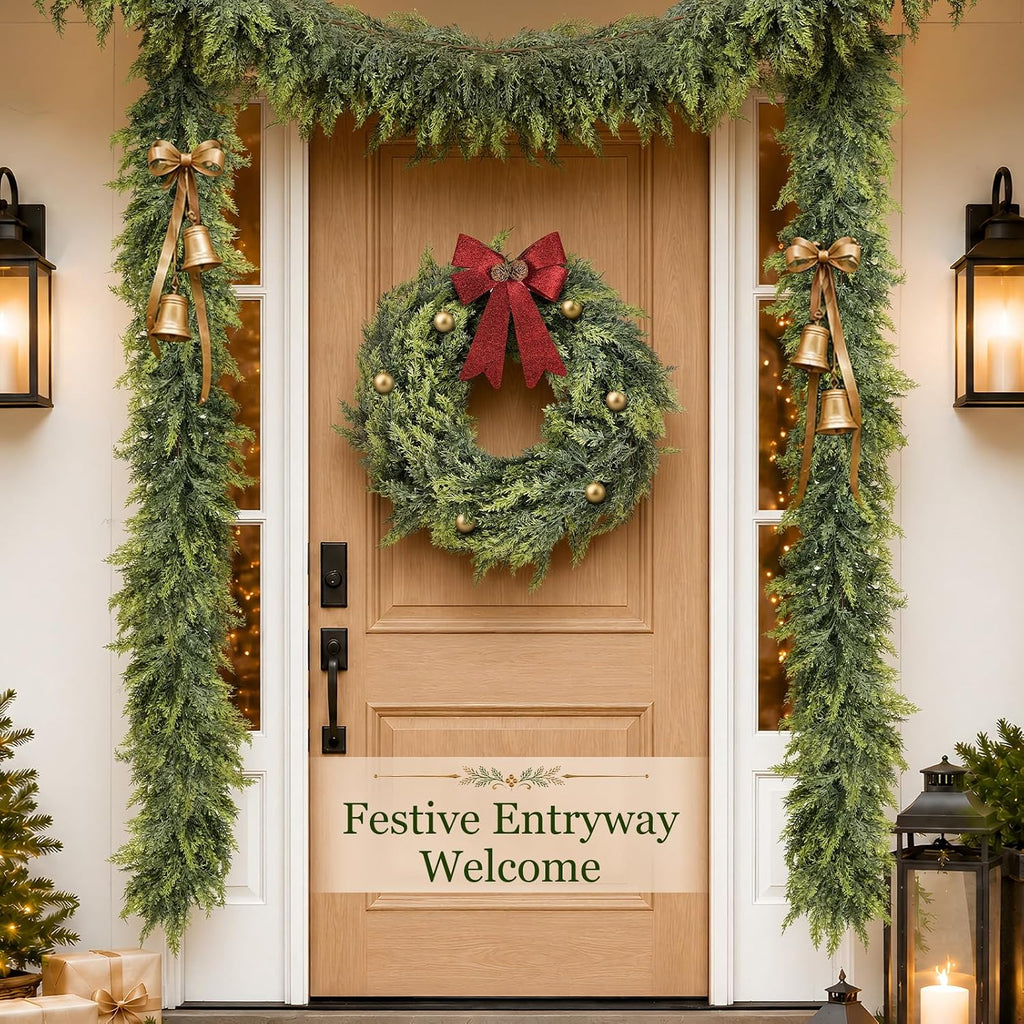9ft christmas artificial cedar garland for mante, front angle view