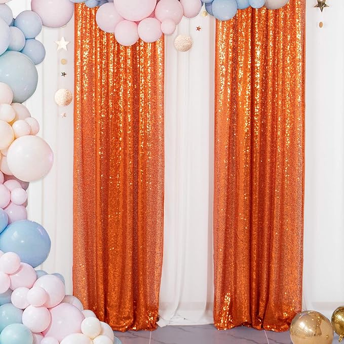 ShinyBeauty Sequin Backdrop, Orange Backdrop Curtains,8 Pieces 2FTx8FT Photo Backdrops,Sparkle Fabric, Glitter Drapery 16x8FT, Shimmer Curtain Panels for Party,Birthday,Halloween Decor Backgrounds