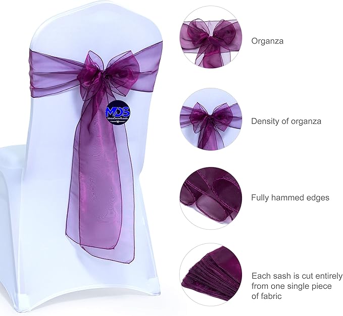 MDS Pack of 75 PCS Organza Chair Sashes Wider Dining Chair Bows Ribbon Tie Back for Wedding Party Birthday Bridal Shower Reception Event Banquet Home Chair Cover Decoration - Eggplant
