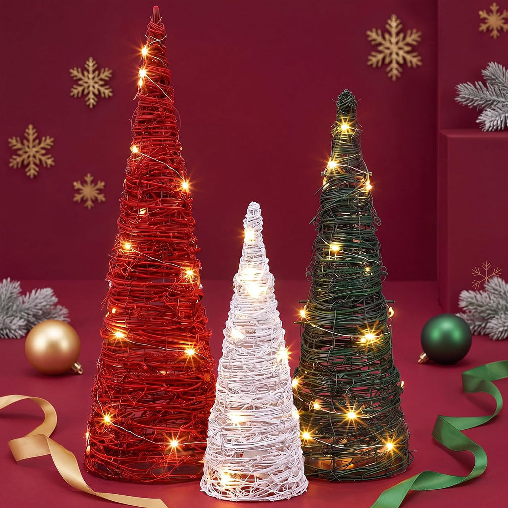 jenaai 3 pcs lighted christmas rattan table tree on a desk or shelf