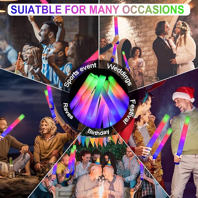 LifBetter Light Up Glow Sticks Bulk, LED Foam Sticks 112 pcs Glow in The Dark with 3 Modes Flashing Led Foam Multicolor Batons Light up Party Favors for Birthdays, Weddings, Concerts, Festivals