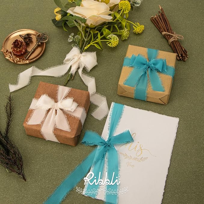 Ribbli Teal Ribbon 1 Inch x 3 Rolls Total 24 Yards Green Handmade Fringe Chiffon Silk Ribbon for Wrapping Wedding Invitations Bridal Bouquets DIY Crafts Home Decor