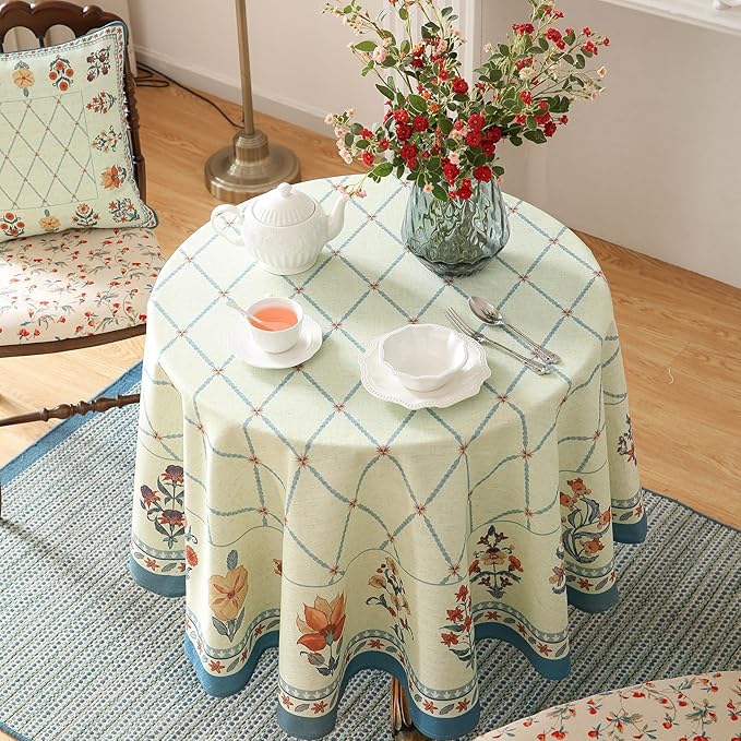 ISAENNE Designer Linen Floral Small Round Tablecloth,Light Green Farmhouse Durable Table Cloth,Washable Decor Tablecloths for Dining Kitchen Thanksgiving Christmas,Diameter 55"-Floralsea B