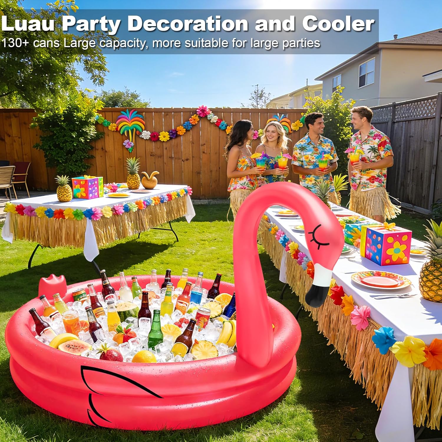 Inflatable Flamingo Cooler 130+ Cans Large Capacity Pool Party Decorations | Bottom Quick-Drain, Luau Party Decor, Flamingo Beach Hawaiian Birthday Party Supplies, Tropical Themed Summer Drink Cooler
