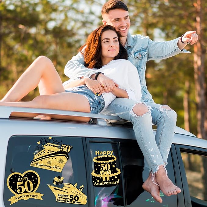 4 PCS Large 50th Anniversary Cruise Door Magnets Decorations Happy 50th Anniversary Cruise Ship Door Decor Magnetic Wedding Magnets Garage Refrigerator Car Magnets for Cabin Stateroom (Black Gold)