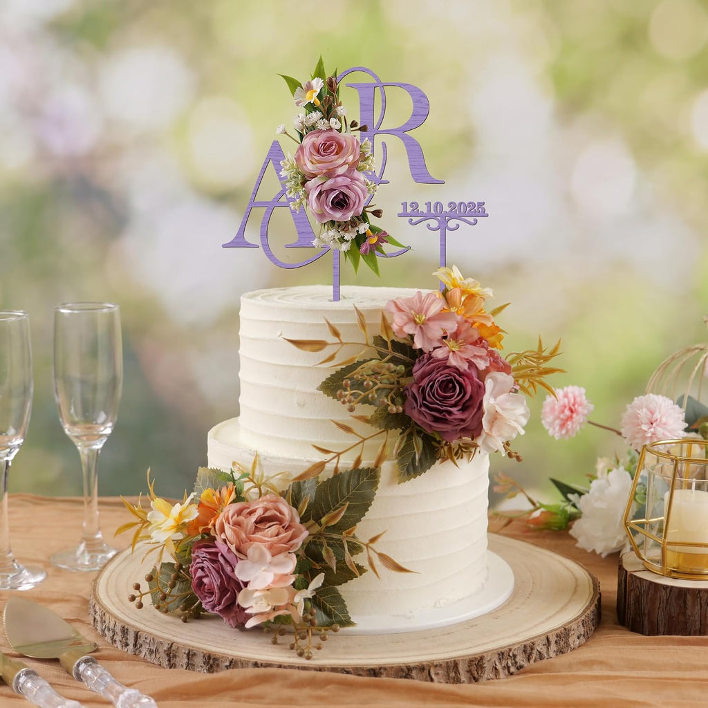 Personalized Wedding Cake Topper with 3D Artificial Flowers and Green Leaves Custom Initials Wooden Anniversary Cake Decoration