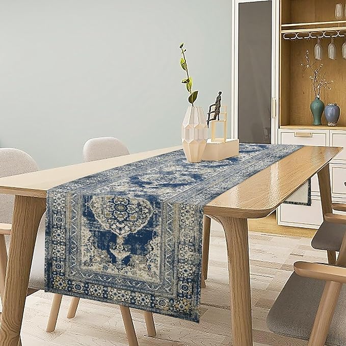 Vintage Boho Floral Table Runner, Rustic Country Farmhouse Blue Teal Retro Flower Pattern for Home Kitchen Table Decor Dining Coffee Room Party Decor 13x36in