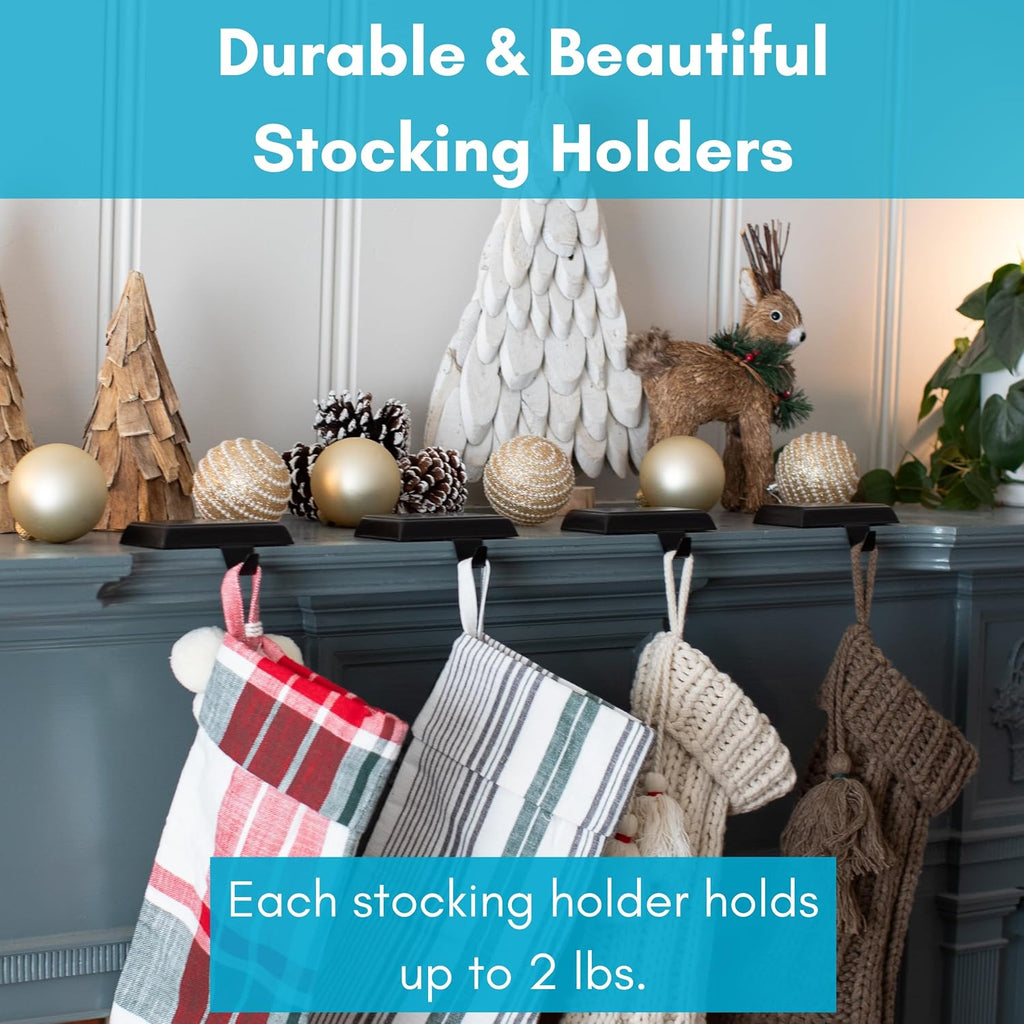 BIRDROCK HOME 4pk Flat Top Holiday Stocking Holder for Mantle | Black Finish with Non-Scratch Base | Fireplace Hook for Christmas Stockings Decor