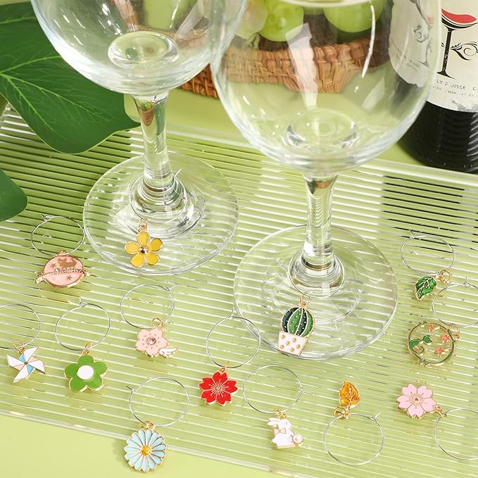 SANNIX Spring Floral Wine Charms - 24pcs Stem Glass Charms for Wine Tasting Party Decorations
