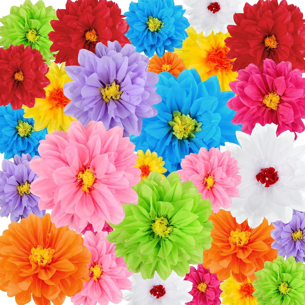 Geyee 27 Pcs Mexican Paper Flowers Fiesta Tissue Paper Flowers Colorful Crepe Flower Mexican Fiesta Party Decorations for Floral Backdrop Carnival Wedding Birthday Party Craft Wall Decor (8" 10" 12")