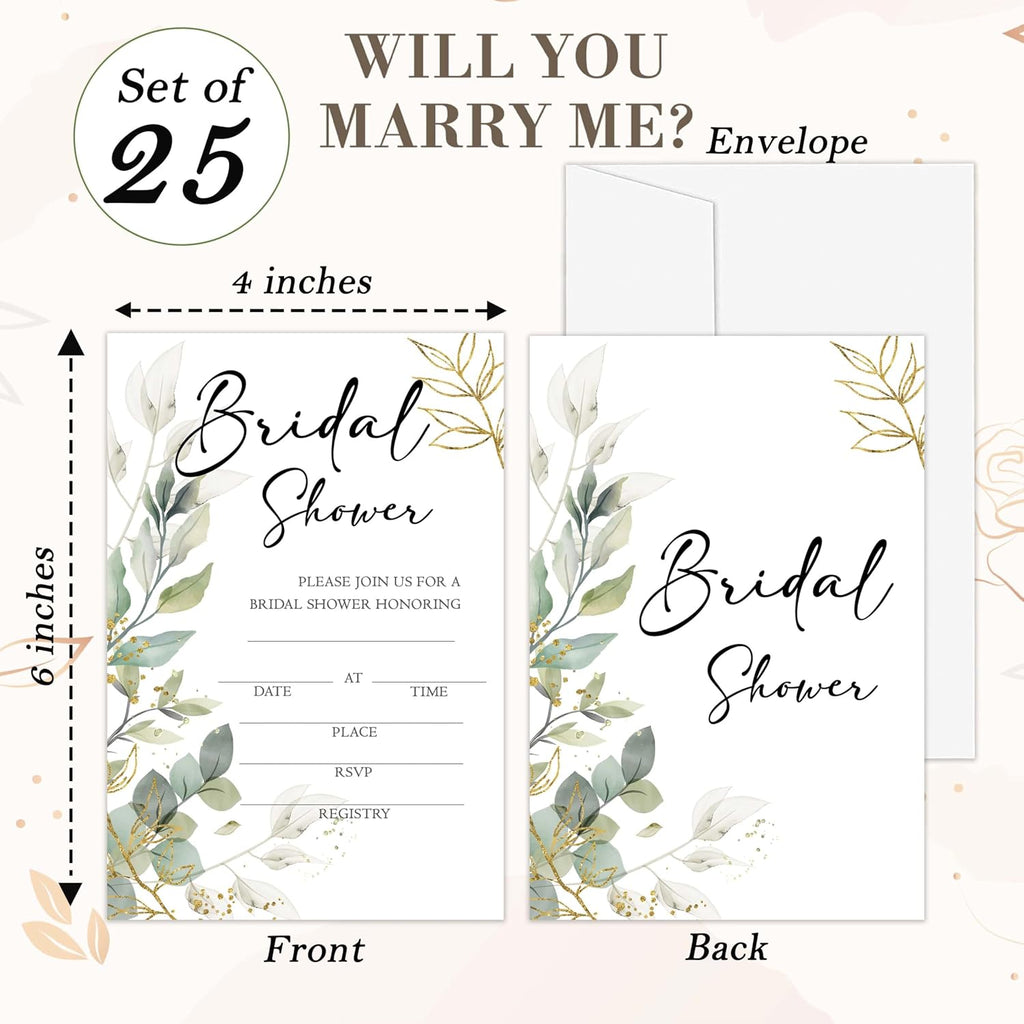 Bridal Shower Invitations, 25 Eucalyptus Invites with Envelopes for Bridal Shower Reception Engagement Party, Greenery Wedding Party Cards - A03