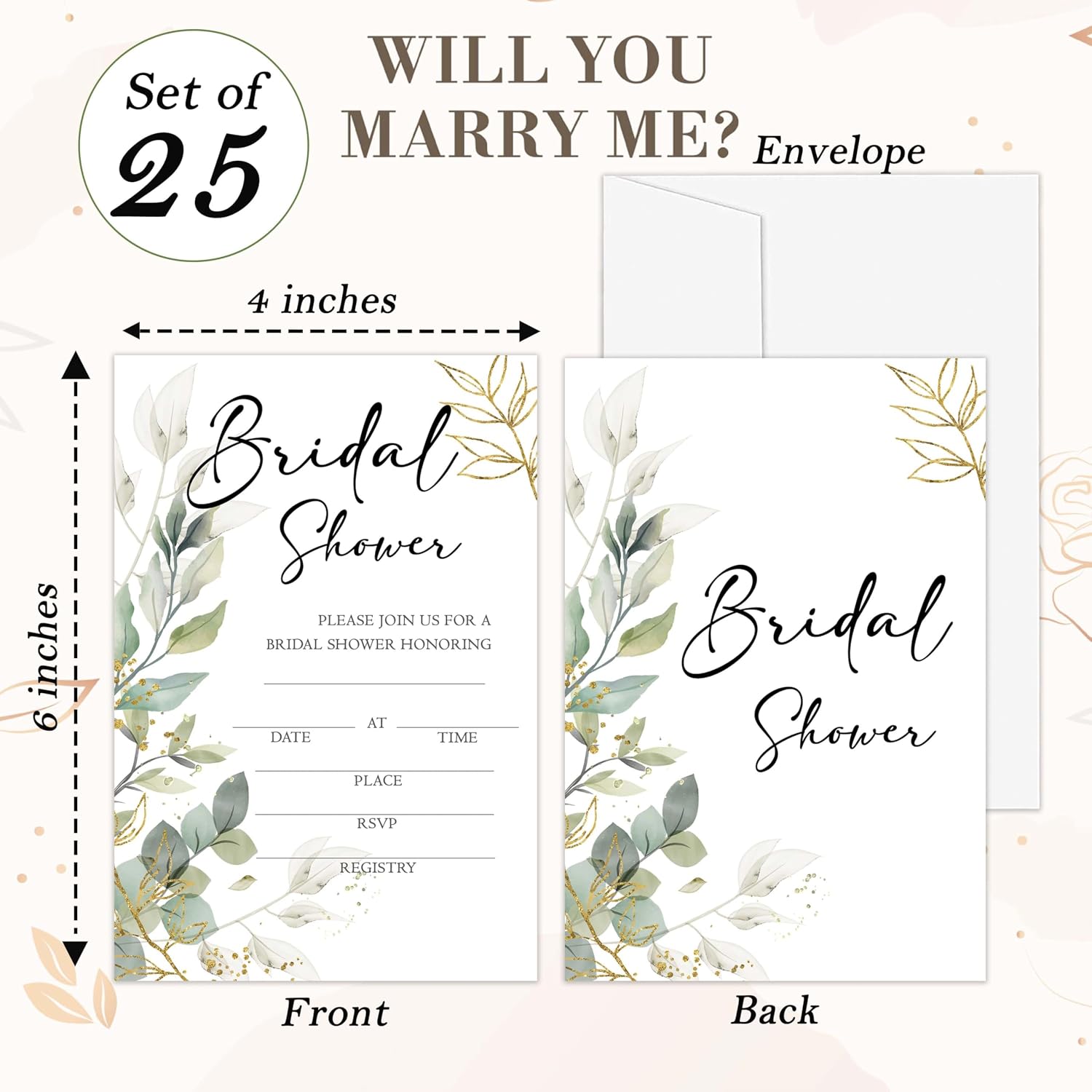 Bridal Shower Invitations, 25 Eucalyptus Invites with Envelopes for Bridal Shower Reception Engagement Party, Greenery Wedding Party Cards - A03