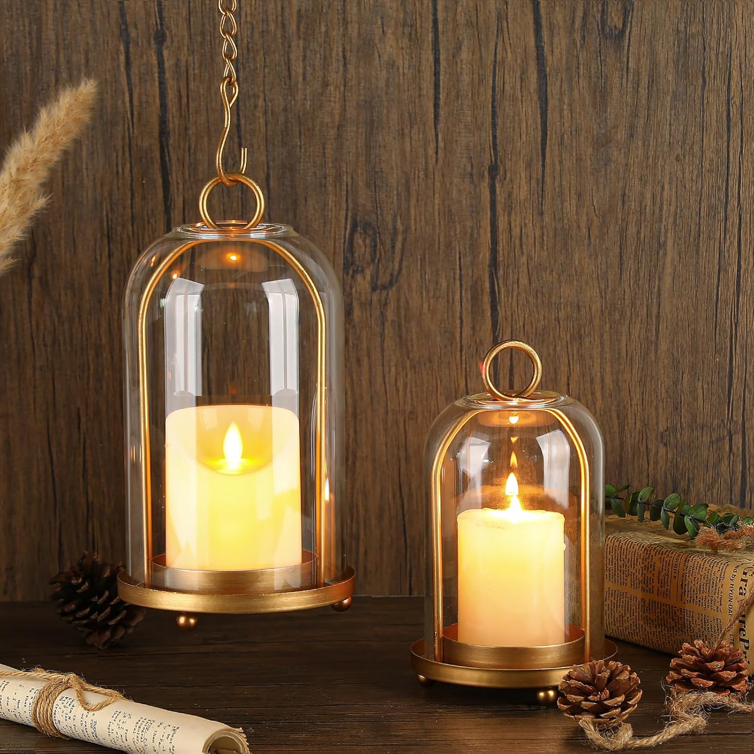 Vintage Brass Metal Candle Lantern with Thick Glass Dome – Set of 2 Shabby Chic Style Candle Holders (5.25"x10" & 4.5"x7.87") – Hanging or Tabletop Decor for Pillar Candles, Plants