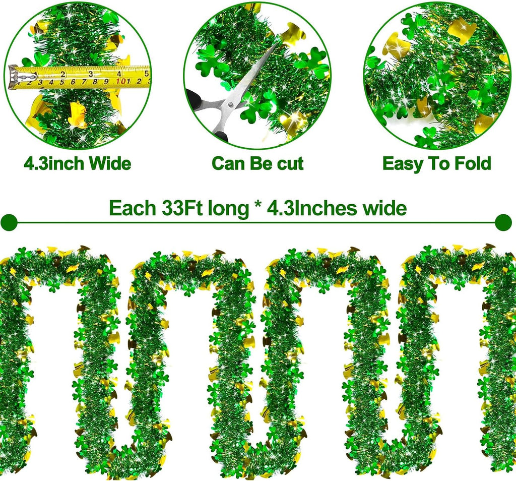 33 Ft Tinsel Garland St.Patrick's Day Decoration,Green Gold Leprechaun Hat Shamrocks Clover Metallic Streamers St.Patrick's Day Decorations for Home Outdoor Indoor Irish Party Supplies Decorations