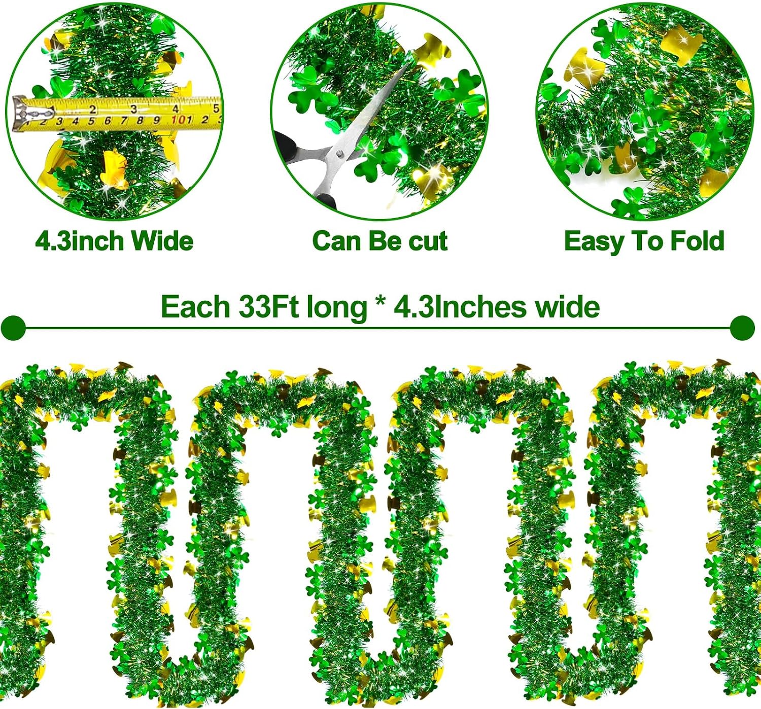33 Ft Tinsel Garland St.Patrick's Day Decoration,Green Gold Leprechaun Hat Shamrocks Clover Metallic Streamers St.Patrick's Day Decorations for Home Outdoor Indoor Irish Party Supplies Decorations