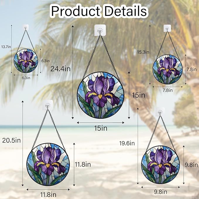 Stained Glass Window Hanging - Iris Birth Flower Suncatcher for Doors Garden Yard Purple Blue Sun Catchers Decor Christmas Mother's Day Birthday Gifts for Teacher Women Mom Nana 15 in