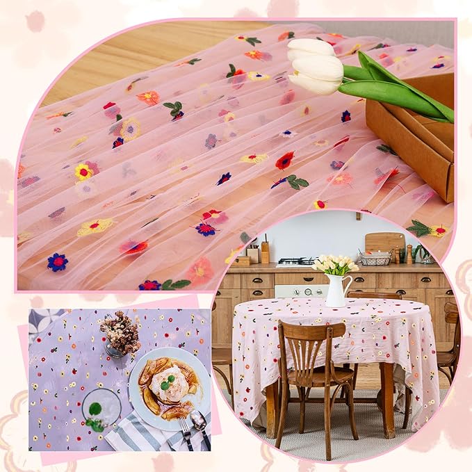 BINBE 3pcs Pink Daisy Fall Table Runner Embroidery Gauze 10FT Florals Seasonal Tulle Holiday Birthday Kitchen Dining Table Decor for Home Party