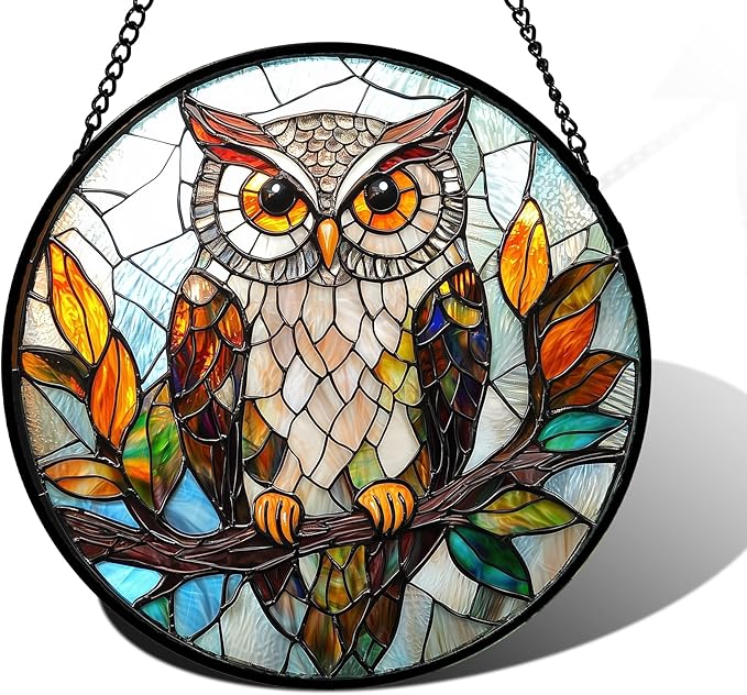 Stained Glass Window Hanging, Owl Colorful Leaves Birds Sun Catchers Diamond Glass Panel Hangings Suncatcher Decor for Birthday for Women, Men, Wife, Aunt, and Mom 7.8 in