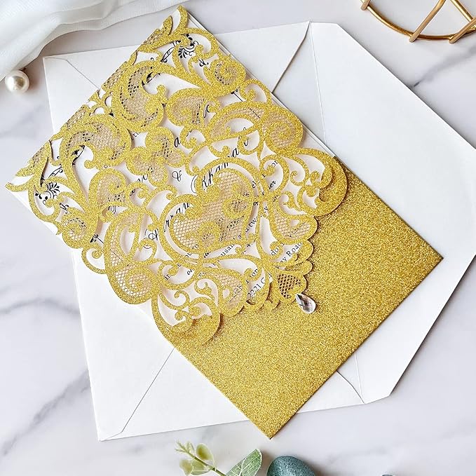 Hosmsua 50PCS Blank Wedding Invitation Cards 5 x 7.3 Inch Gold Laser Cut Hollow Heart Floral Invitation with Rhinestone pockets invitations for Engagement Quinceanera Invite (Gold Glitter)
