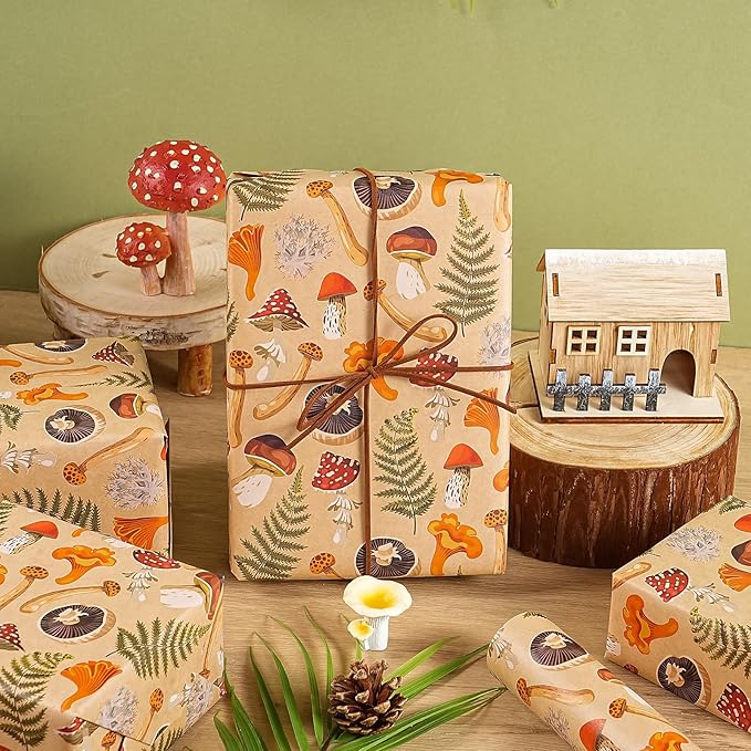 WRAPAHOLIC Kraft Mushroom Wrapping Paper Roll - Mini Roll - 17 Inch x 16.5 Feet - Mushroom Gift Wrapping Paper for Birthday, Baby Shower, Autumn