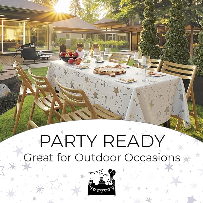 Exquisite Silver Star Tablecloth Plastic 12-Pack Disposable Rectangle Tablecloths 54" x 108" Silver Star Table Cloths Rectangle Table Covers Plastic Tablecloth for Party Decorations