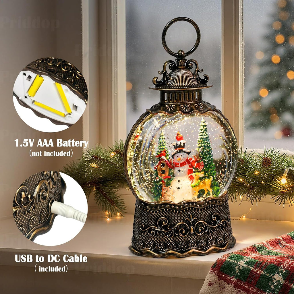 Priddop Snowman Snow Globe Christmas Decorations Indoor Deer Cardinal Snowman Gifts Classic Relief Texture Musical Glitter Snowfall USB/Battery Timer Lantern 10.6 inch