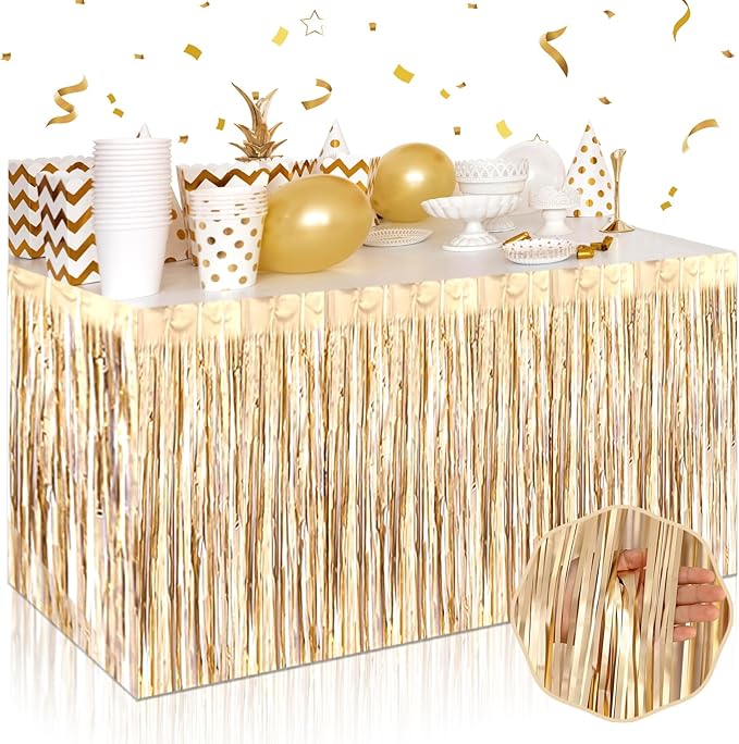 3 Pack 29 x108 Inch Champagne Gold Foil Fringe Table Skirts Metallic Banner for Tinsel Streamer Garland Backdrop for Parade Floats Wedding Thanksgiving Birthday Christmas New Year Party Decoration