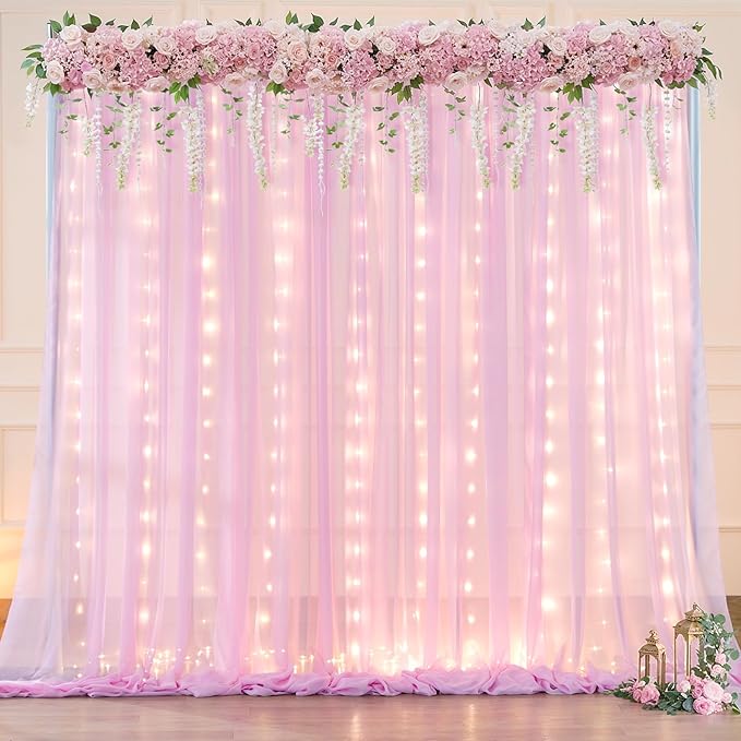 10x10ft Pink Chiffon Backdrop Curtain with Lights for Wedding Parties Baby Shower, Pink Sheer Backdrop Curtains for Girls Birthday Party Bridal Shower Photo Shoot Decor (5×10ft, 2 Panels)