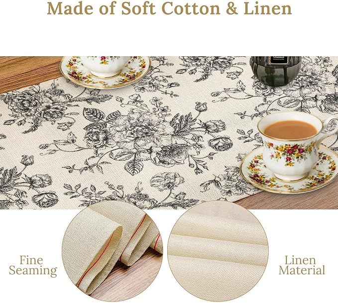 Vintage Flower Table Runner, Black White Wildfloral Floral Sketch Print Kitchen Dinning Table Runner for Indoor Outdoor Home Wedding Party Holiday, 13x108 Inch