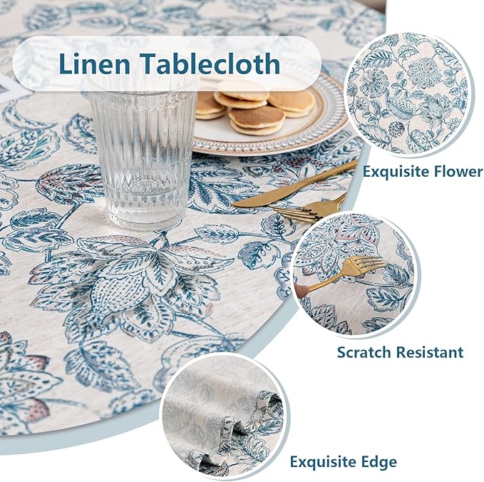 MYSKY HOME Waterproof Tablecloth Rectangle 60x84 Inch Rustic Burlap Tablecloth Spring Floral Linen Table Cover Farmhouse Decoration Rectangle/Oblong for Holiday, Dinner, Indoor and Outdoor Use, Blue